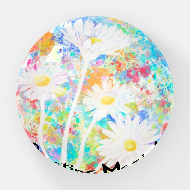 White daisies on colorful splatter paperweight (Front)