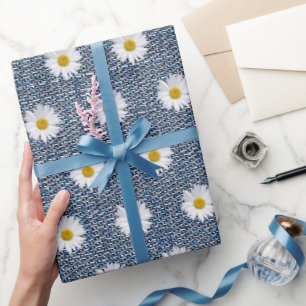 White Daisies on Denim Wrapping Paper