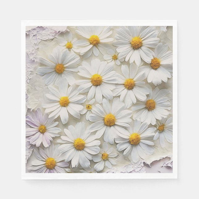 White Daisies On Distressed Paper Napkins (Front)