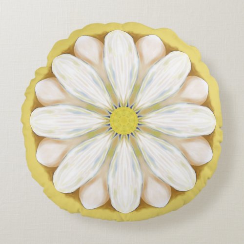 White Daisies on Golden Yellow Round Pillow