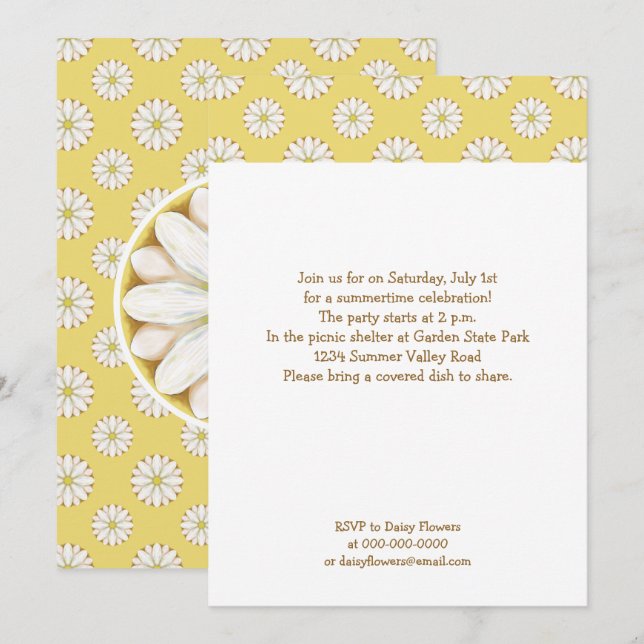 White Daisies on Golden Yellow Summer Picnic Invitation (Front/Back)
