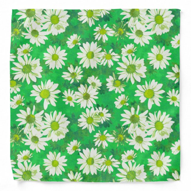 White Daisies on Green Floral Pattern Bandana (Front)