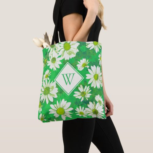 White Daisies on Green Floral Pattern Monogrammed Tote Bag