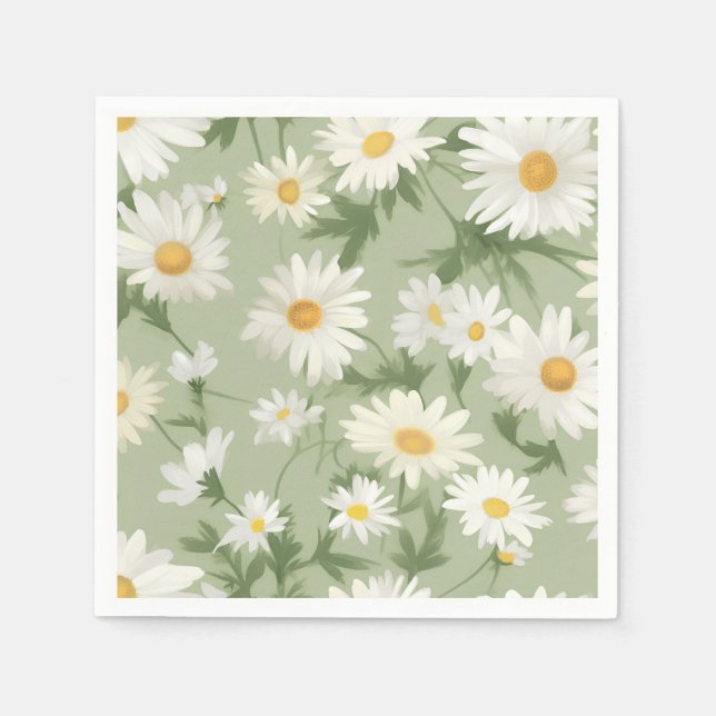 White Daisies On Green Napkins (Front)