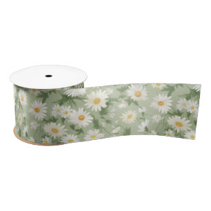 White Daisies On Green Satin Ribbon