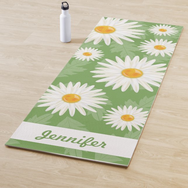 White Daisies On Green With Custom Name Yoga Mat (In Situ)