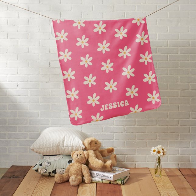 White Daisies on Hot Pink Floral Monogrammed Name  Baby Blanket (In Situ)