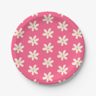 White Daisies on Hot Pink Retro y2k Preppy Floral Paper Plates