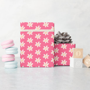 White Daisies on Hot Pink Retro y2k Simple Floral  Wrapping Paper