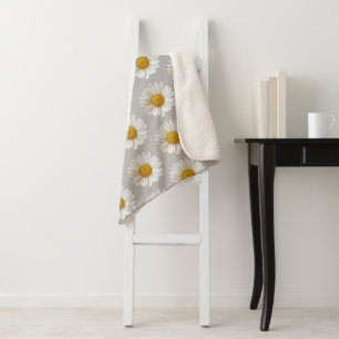 White Daisies on Light Gray Background Floral Sherpa Blanket