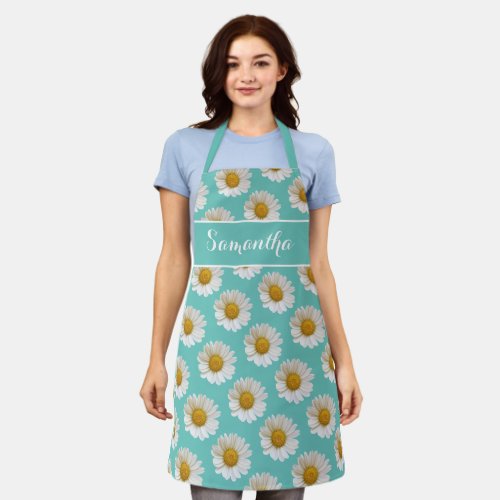 White Daisies on Light Teal Personalized Apron