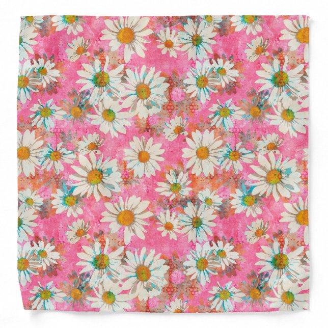 White Daisies on Pink Floral Pattern Bandana (Front)