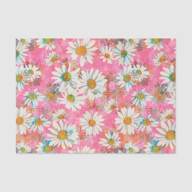White Daisies on Pink Floral Pattern Tissue Paper (Front)