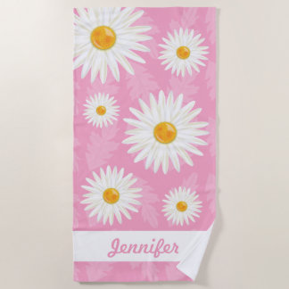 White Daisies On Pink With Custom Name Beach Towel