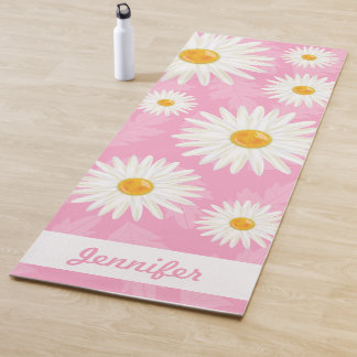 White Daisies On Pink With Personalized Name Yoga Mat