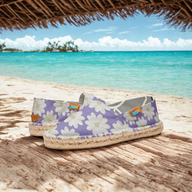 White Daisies on Purple Floral Womens Espadrilles (A pretty purple and white daisy pattern pair of espadrilles to wear at the beach)