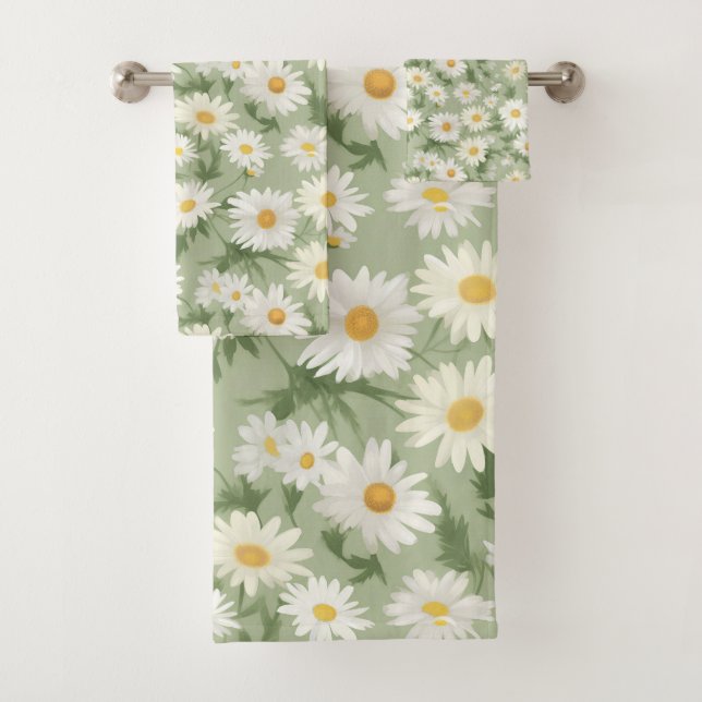 White Daisies On Sage Green Bath Towel Set (Insitu)