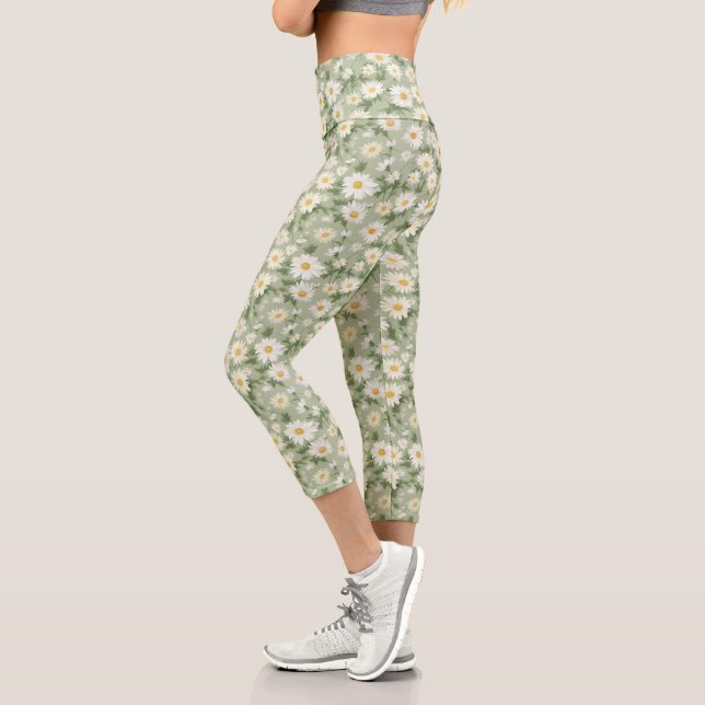White Daisies On Sage Green Capri Leggings (Left)