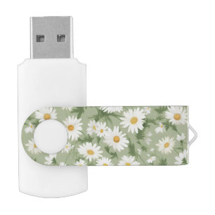 White Daisies On Sage Green Flash Drive