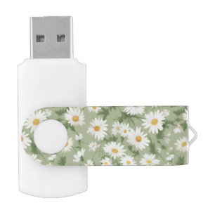 White Daisies On Sage Green Flash Drive