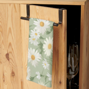 White Daisies On Sage Green Kitchen Towel