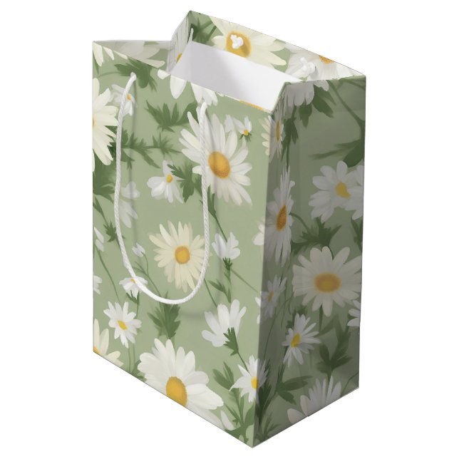 White Daisies On Sage Green Medium Gift Bag (Back Angled)