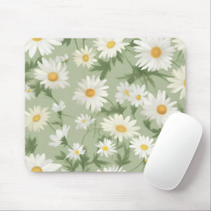 White Daisies On Sage Green Mouse Pad