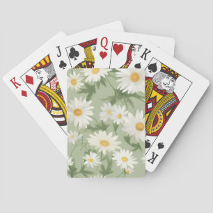 White Daisies On Sage Green Poker Cards