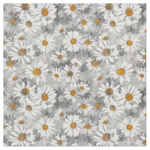 White Daisies on Silver Gray Floral Pattern Fabric