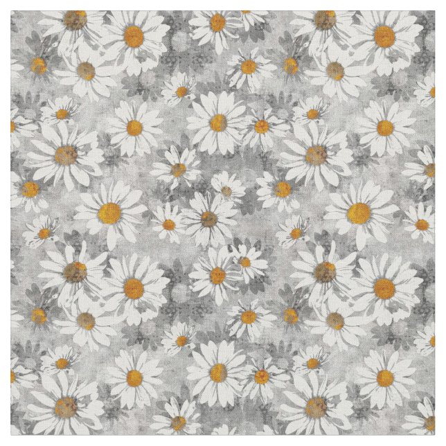 White Daisies on Silver Gray Floral Pattern Fabric (Close Up)