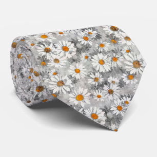 White Daisies on Silver Gray Floral Pattern Neck Tie