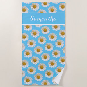 White Daisies on Sky Blue Personalized Beach Towel