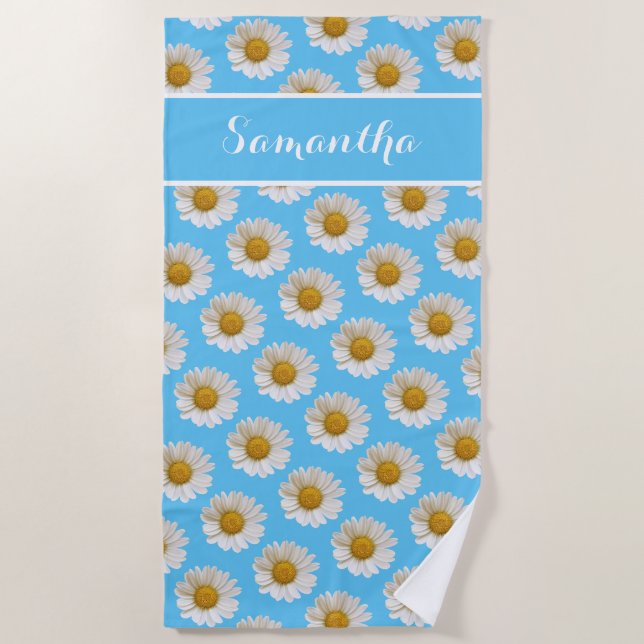 White Daisies on Sky Blue Personalized Beach Towel (Front)