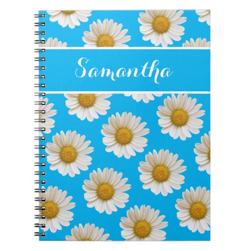 White Daisies on Sky Blue with Custom Name Notebook