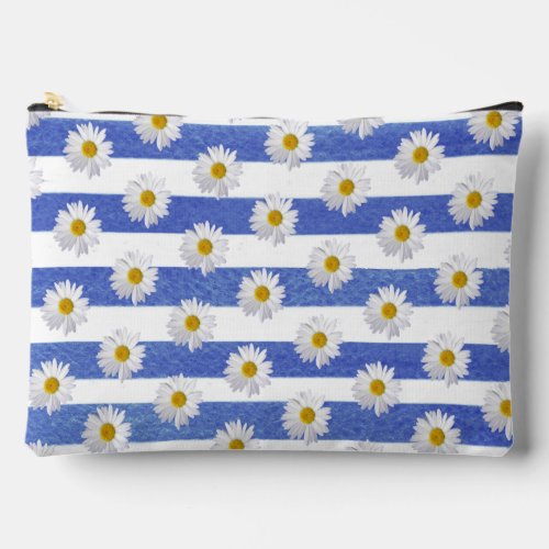 White Daisies On Watercolor Blue Stripes Accessory Pouch
