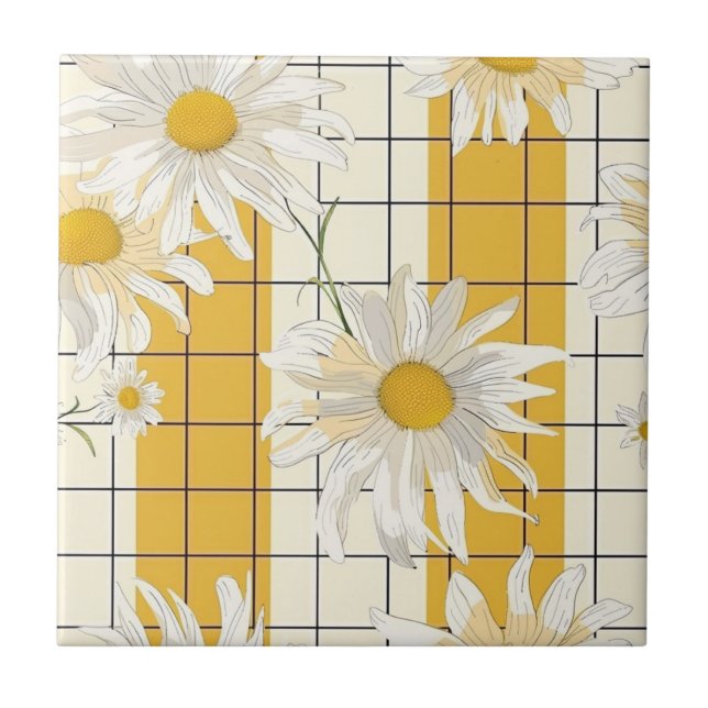White Daisies on Yellow Striped Grid Background Ceramic Tile (Front)