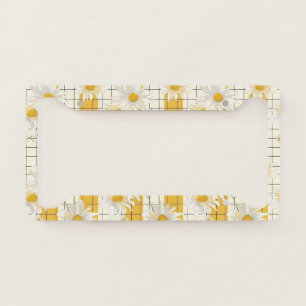 White Daisies on Yellow Striped Grid Background License Plate Frame