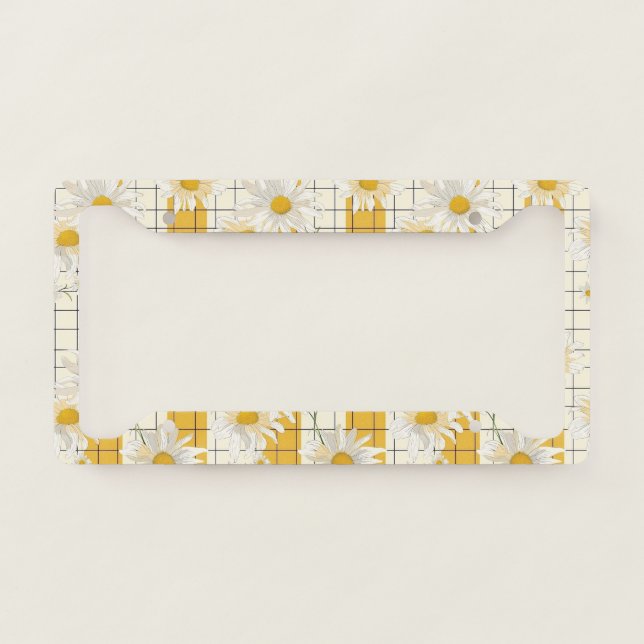 White Daisies on Yellow Striped Grid Background License Plate Frame (Front)