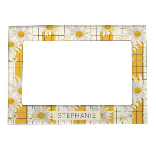 White Daisies on Yellow Striped Grid Background Magnetic Frame