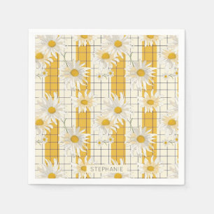 White Daisies on Yellow Striped Grid Background Napkins