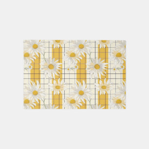 White Daisies on Yellow Striped Grid Background Outdoor Rug