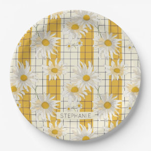 White Daisies on Yellow Striped Grid Background Paper Plates