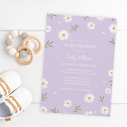 White Daisies Pastel Purple Minimalist Baby Shower Invitation