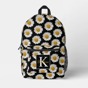 White Daisies Pattern Black Monogram Printed Backpack