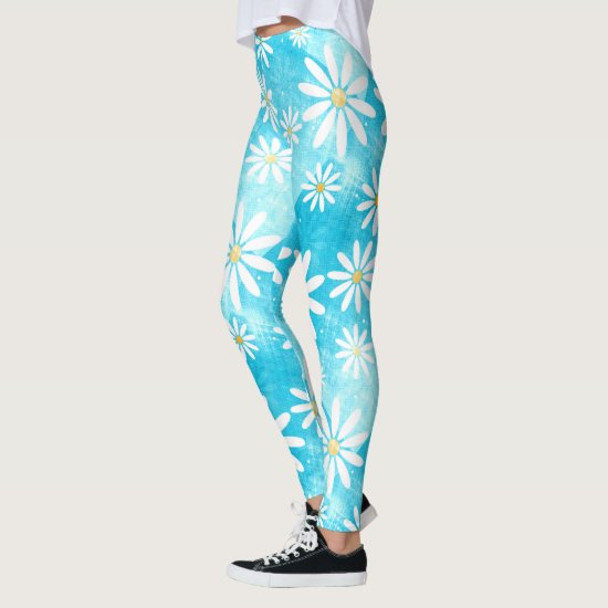 white daisies pattern blue gradient colorblocks leggings