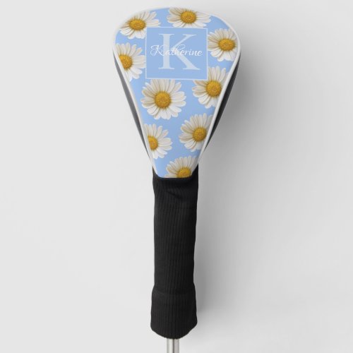 White Daisies Pattern Blue Monogram Golf Head Cover