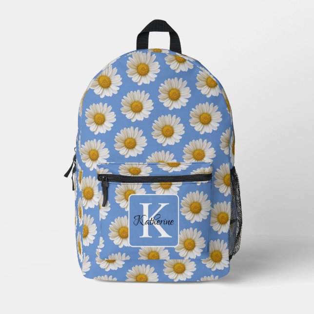 White Daisies Pattern Blue Monogram Printed Backpack (Front)