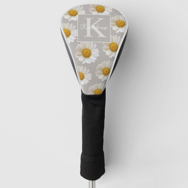 White Daisies Pattern Gray Monogram Golf Head Cover (Front)