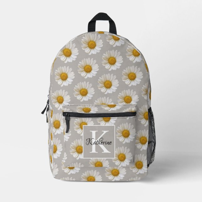 White Daisies Pattern Gray Monogram Printed Backpack (Front)