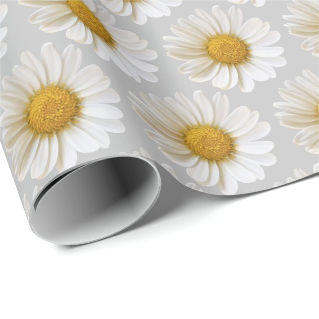 White Daisies Pattern Light Gray Wrapping Paper (Roll Corner)